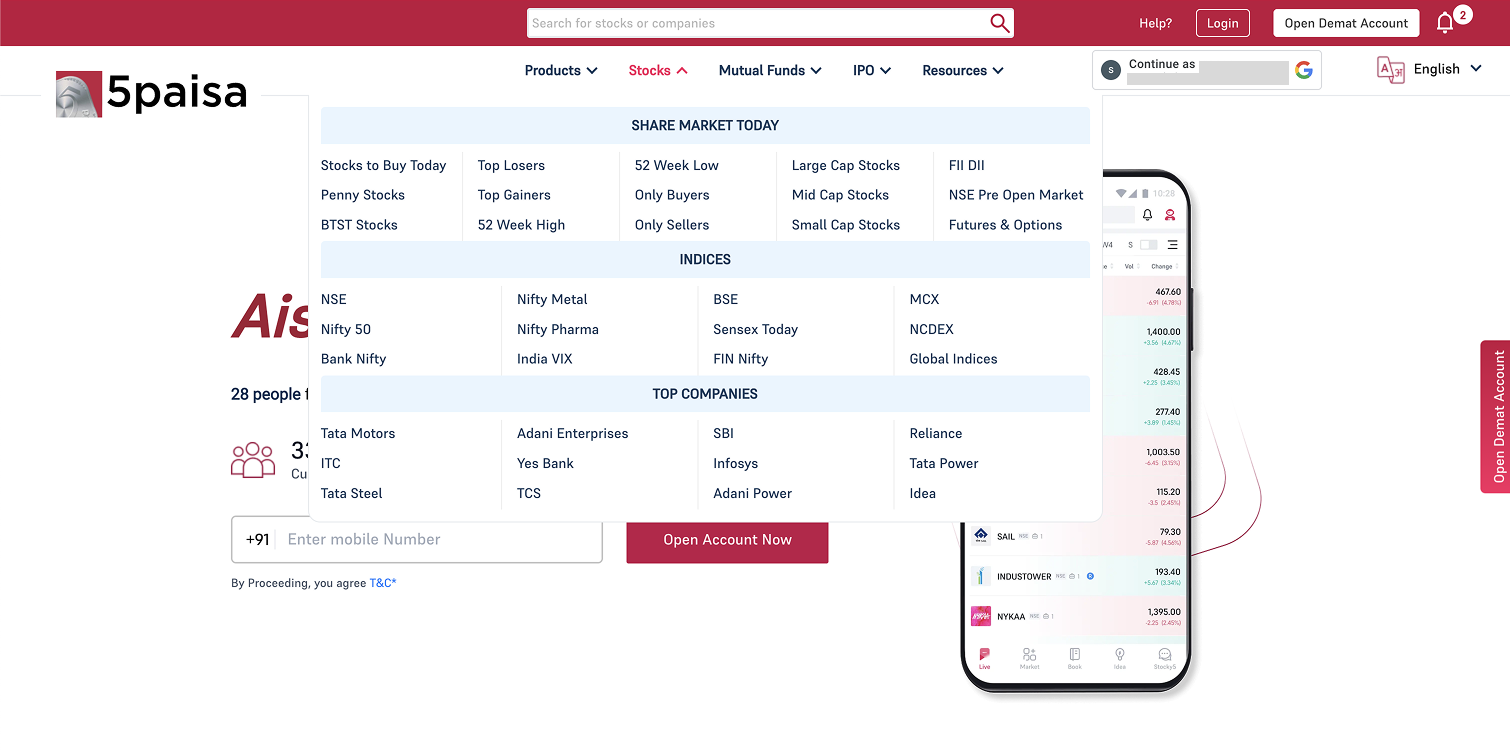 Legacy navigation — Stocks dropdown