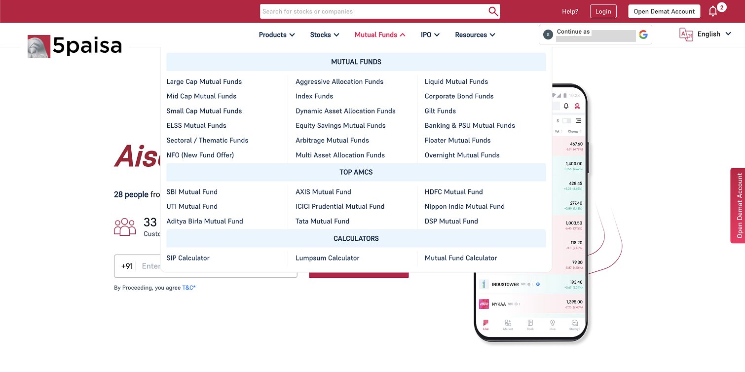 Legacy navigation — Mutual Funds dropdown